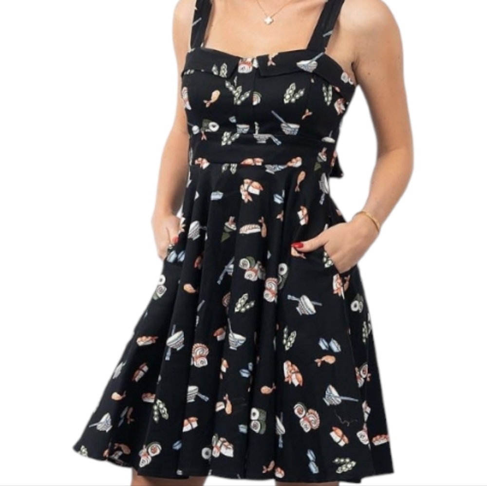 Black A-line Seafood Pattern Mini Sundress with Square Neck for Night Out